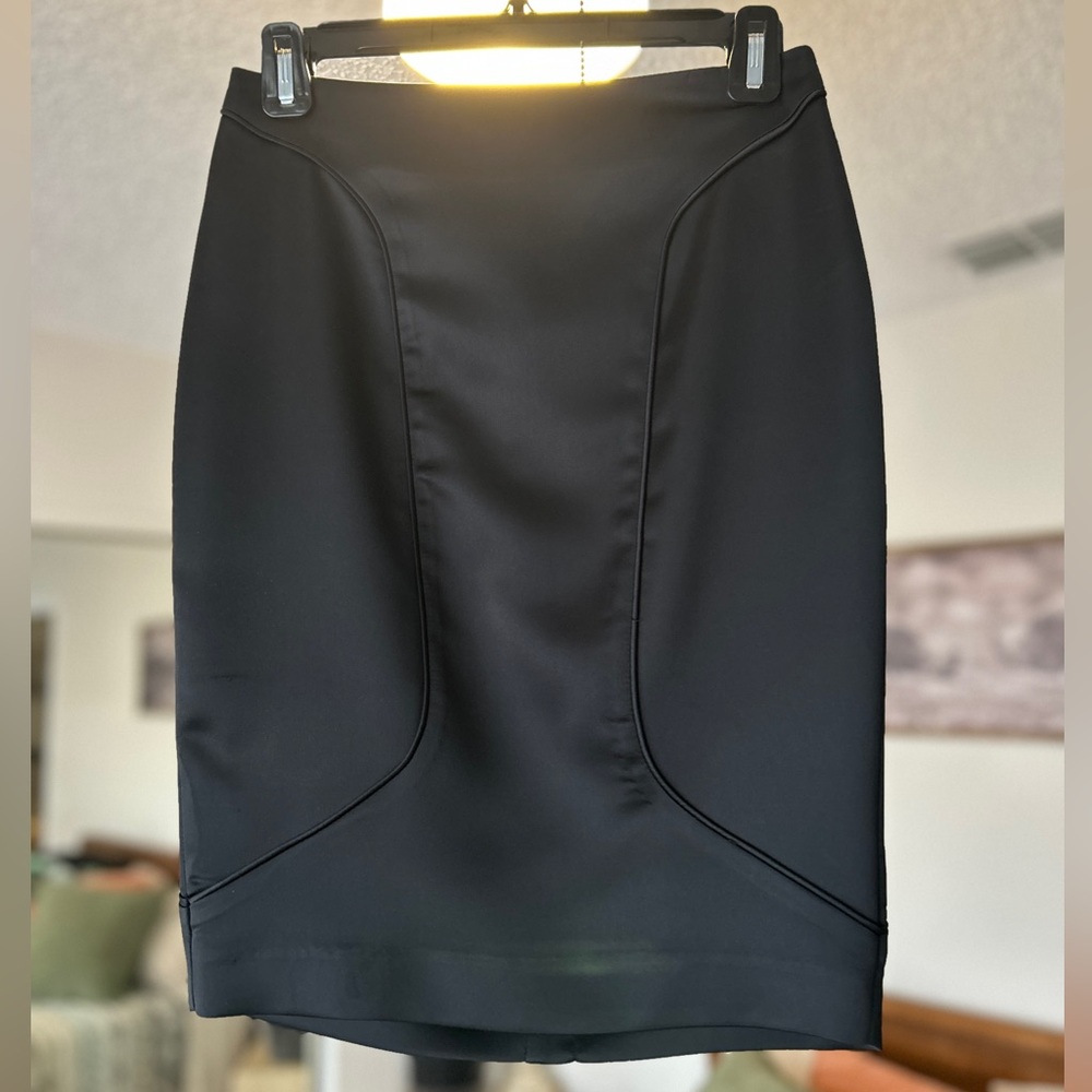 (LIKE NEW) Black Faux Satin Pencil Skirt with Curved Paneling